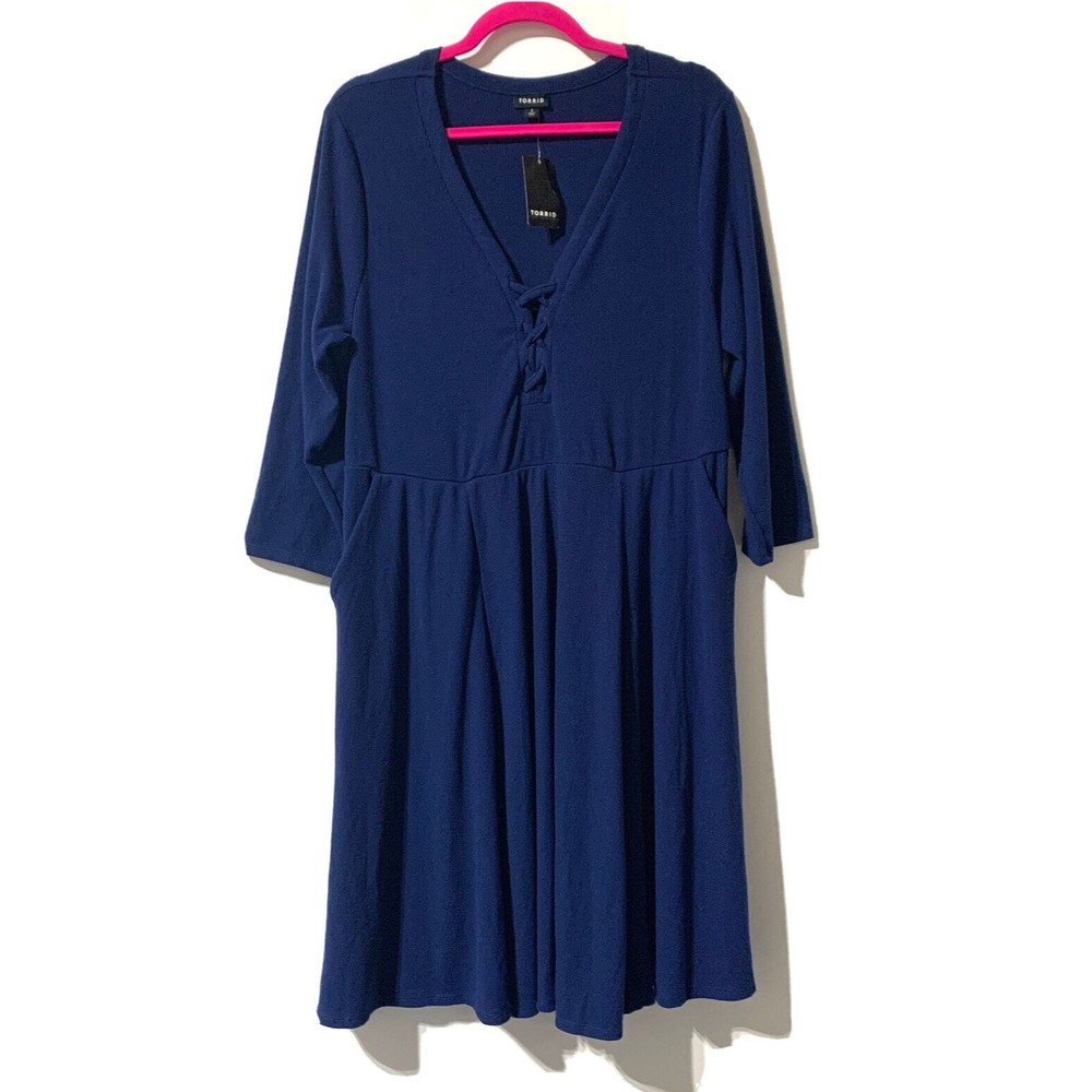 Torrid Women’s Navy Rib Skater Dress Lace Up Size 2 2X Pockets Fit & Flare NWT